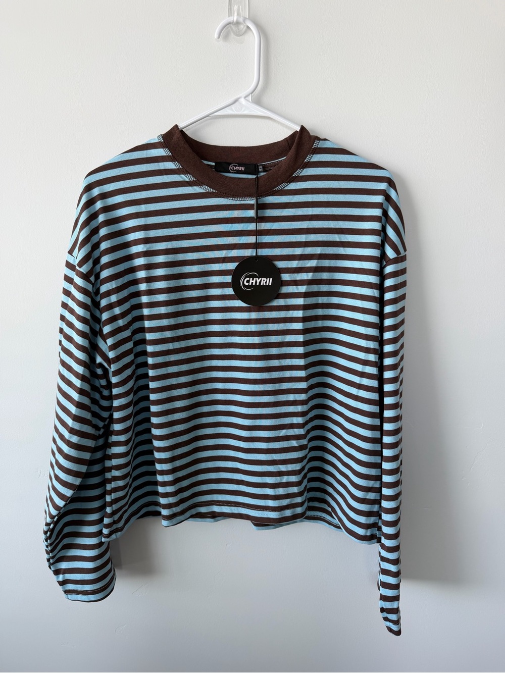 CHYRII Brown Blue Striped Oversized Long Sleeve Top NWT